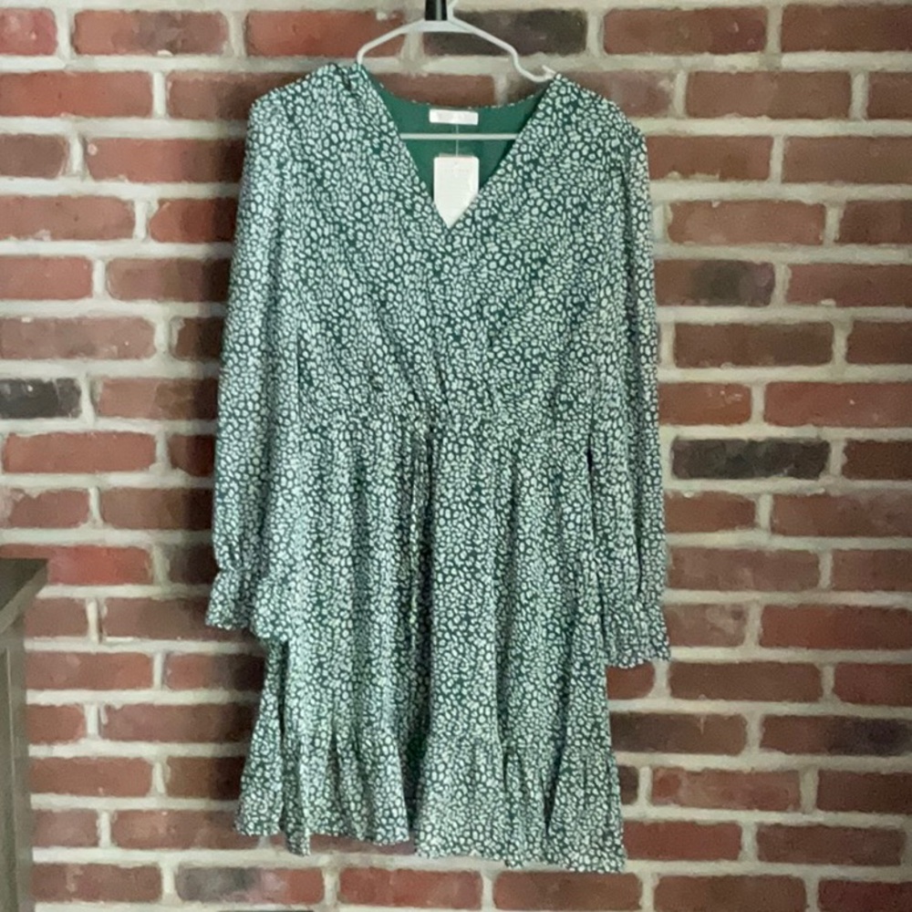 Kirundo Green and white leopard print, long sleeve mini dress